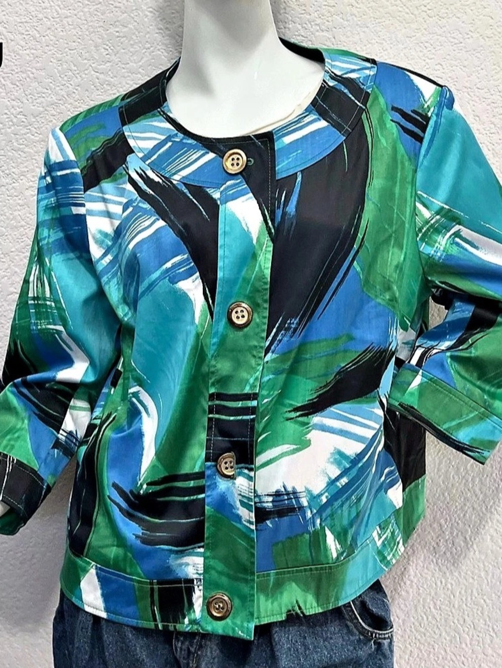 Vtg Harve Benard Women XL Abstract Geometric Blazer Jacket Blue Green Boxy retro